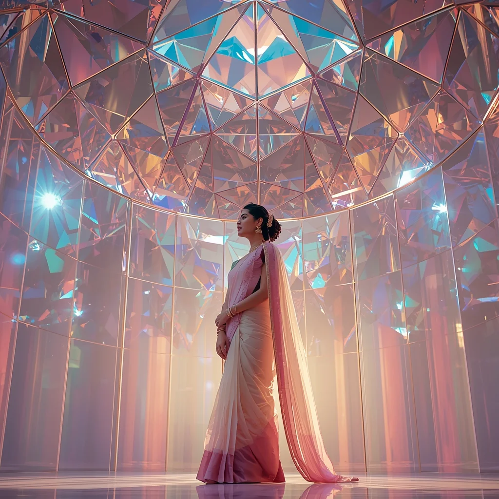 Festive Pastel Saree Crystal Refraction Dome Bloom Collage | Gemini Ai Prompt Saree Copy Paste