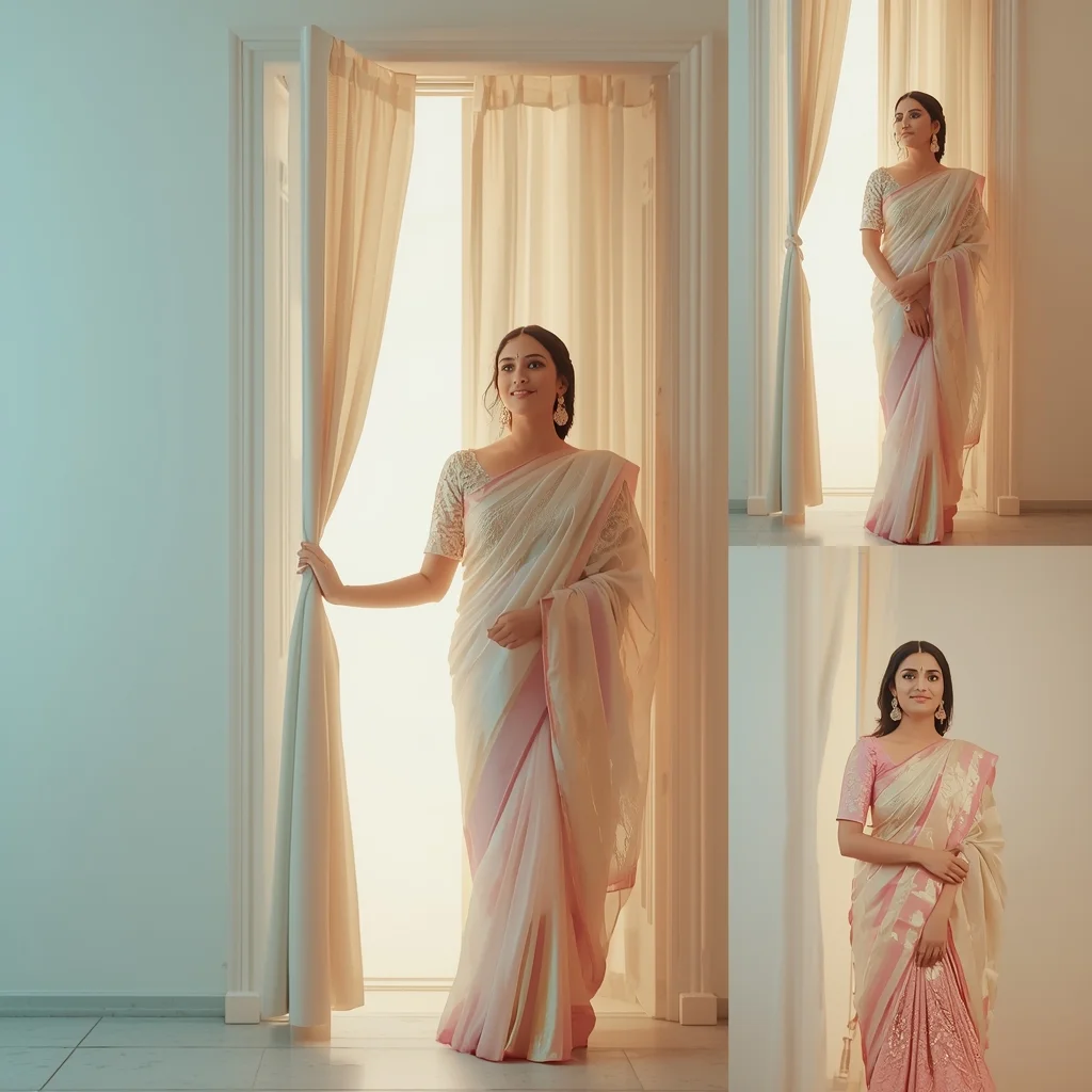 Festive Pastel Saree Door Curtain Collage | Indian Girl Light Entry Aesthetic Soft Cinematic Viral Prompt | Saree Prompt For Girls