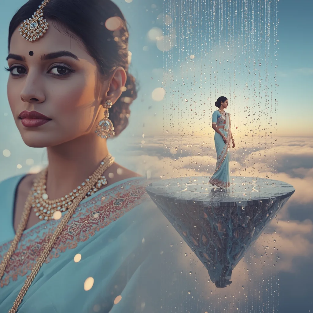 Festive Pastel Saree Enchanted Celestial Mirror Island Collage | Enchanted Crystal Rain Prompt | Prompt Seen Gemini Girl Instagram