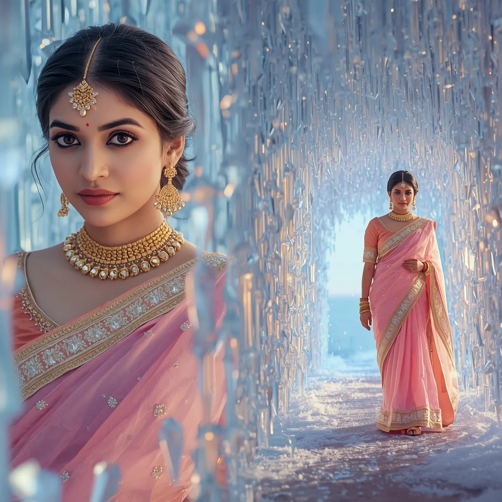 Festive Pastel Saree Enchanting Ethereal Crystal Tunnel Collage | Magical Fantasy Prompt | Prompt Gemini Saree
