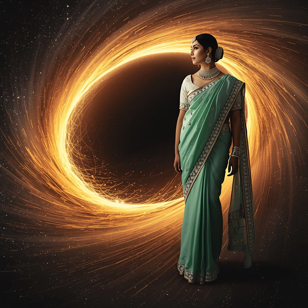 Festive Pastel Saree Event Horizon Accretion Disk Gravitational Lensing Collage | Absolute Singularity Prompt | Gemini Saree Prompt Text