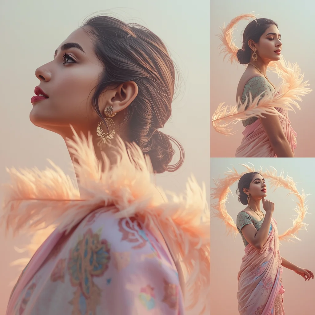 Festive Pastel Saree Feather Spiral Collage | Indian Girl Motion Texture Aesthetic Soft Cinematic Viral Prompt | Beautiful Saree Girl Ai Prompt