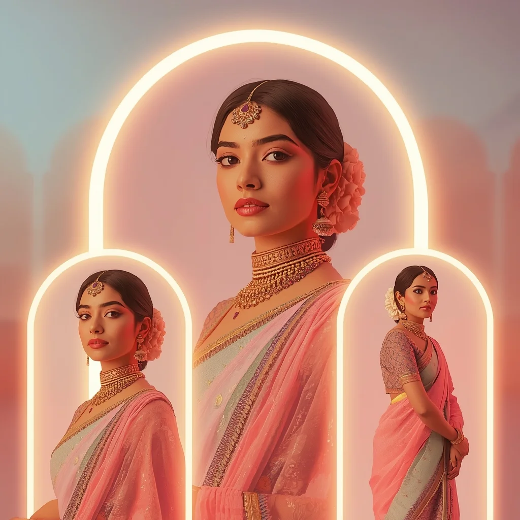 Festive Pastel Saree Glow Arch Collage | Indian Girl Light Structure Aesthetic Soft Cinematic Viral Prompt | Saree Girl Ai Prompt
