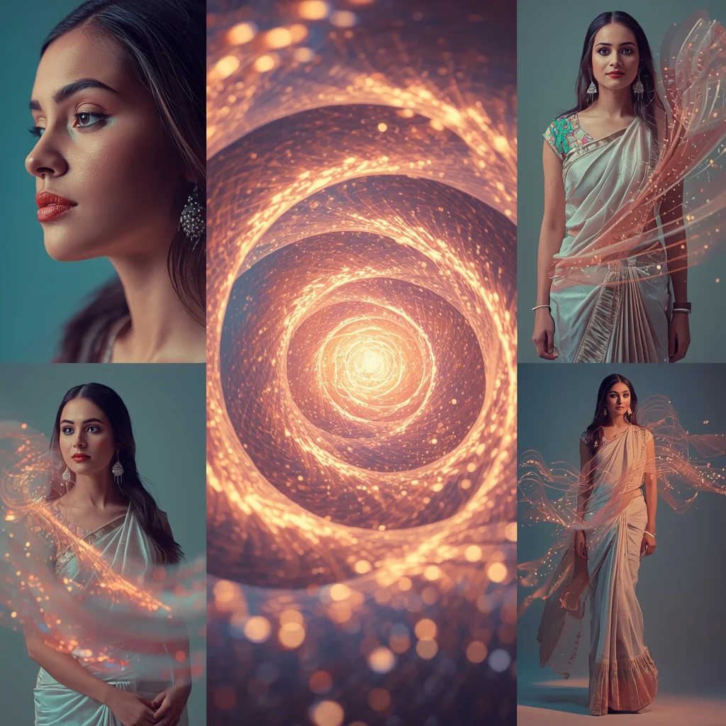 Festive Pastel Saree Hypnotic Ripple Vortex Energy Core Collage | Mesmerizing Glow Prompt | Saree Look Ai Prompt