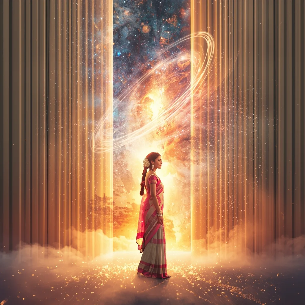 Festive Pastel Saree Imperial Cosmic Curtain Galaxy Burst Collage | Regal Symphony Prompt | Saree Prompt Copy Paste