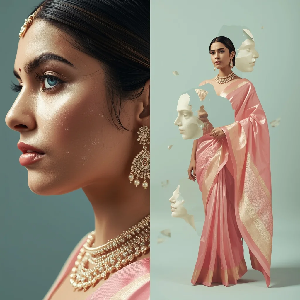 Festive Pastel Saree Infinite Meaning Collapse Collage | Interpretation Void Luxury Prompt | Saree Pose Ai Prompt