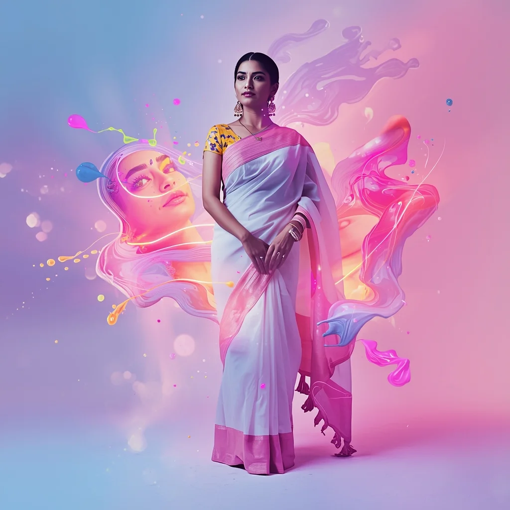 Festive Pastel Saree Invisible Ghost Painter Neon Strokes Collage Cinematic Aesthetic | Beautiful Saree Girl Ai Prompt Cinematic