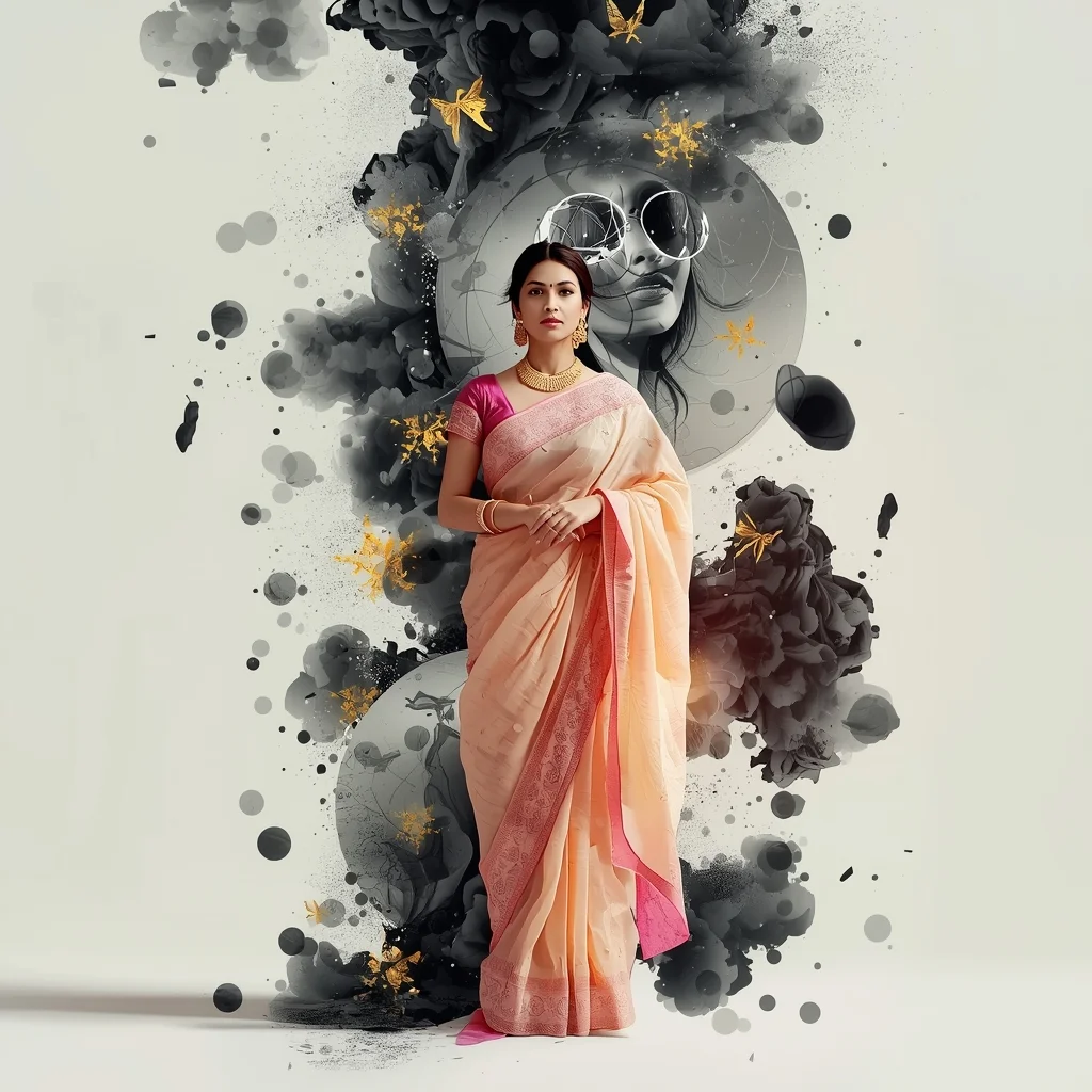 Festive Pastel Saree Levitating Ink Wash Painting Collage Cinematic Aesthetic | Saree Selfie Ai Prompt