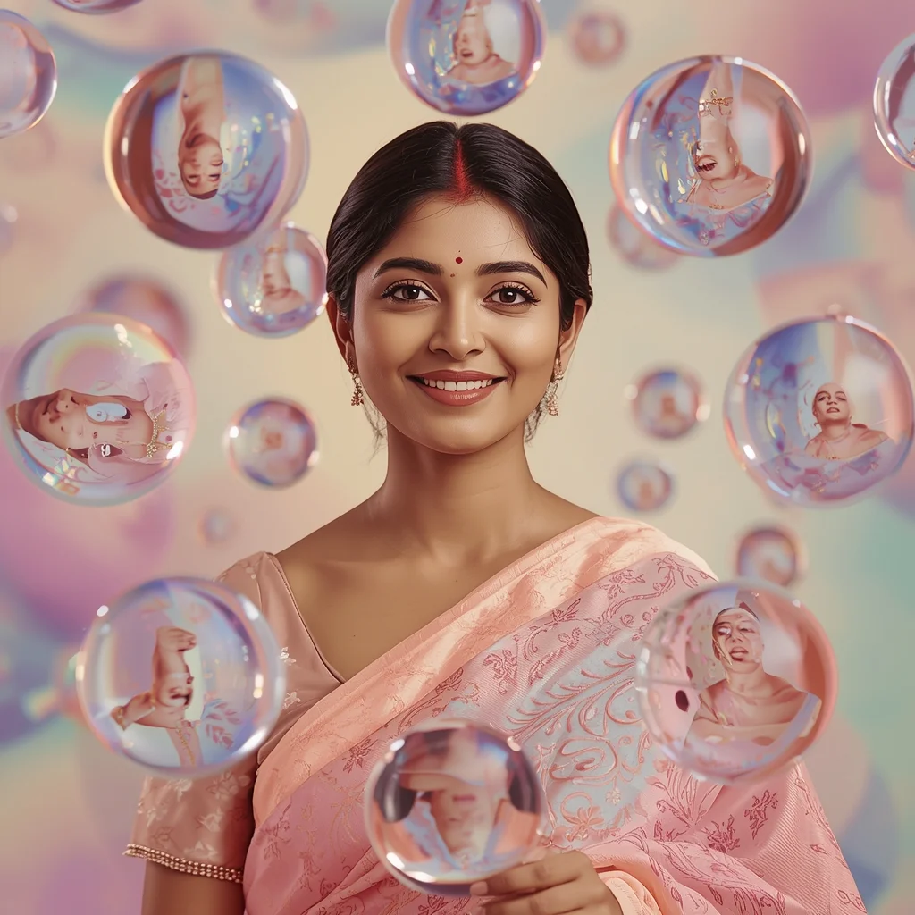 Festive Pastel Saree Liquid Glass Sphere Orbit Collage | Ai Image Prompt Generator Free