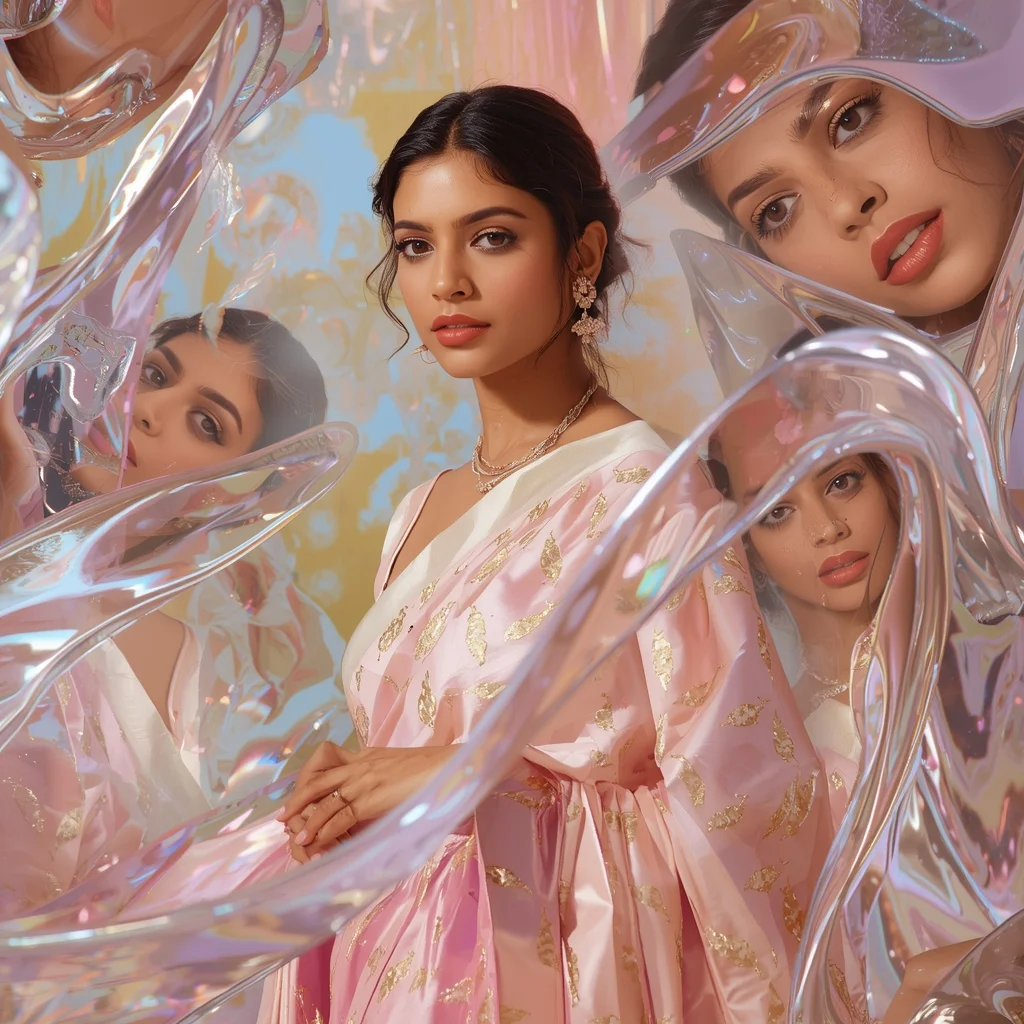 Festive Pastel Saree Liquid Mirror Ribbon Flux Collage | Best Ai Prompts For Images