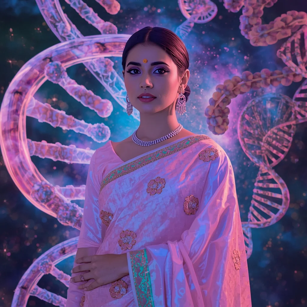 Festive Pastel Saree Luminous DNA Helix Cellular Nebula Collage | Macro-Biological Cosmos Prompt | Saree Prompt For Instagram