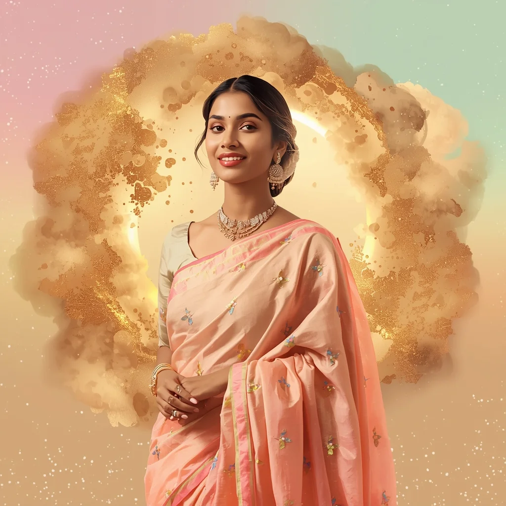 Festive Pastel Saree Magnetic Gold Dust Halo Collage Premium Cinematic | Saree Prompt For Gemini Girl In English