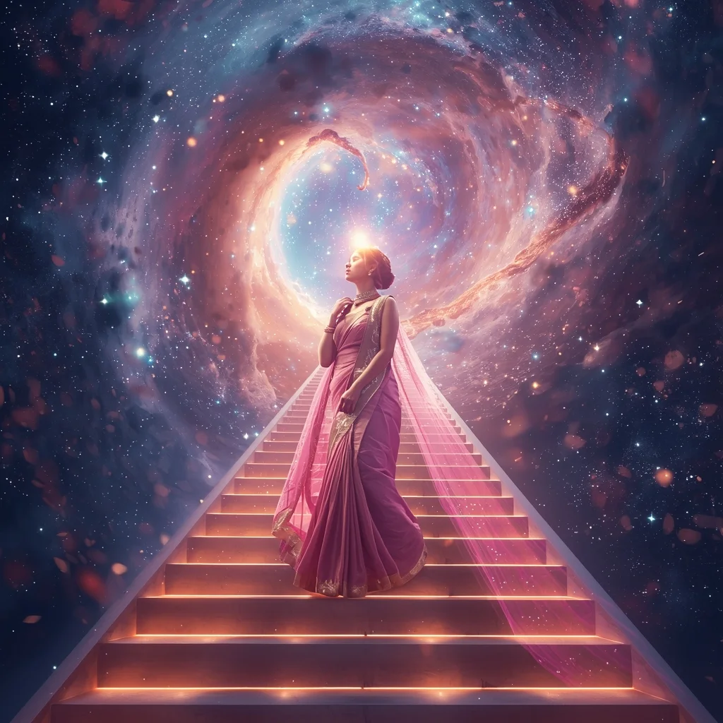 Festive Pastel Saree Majestic Infinite Cosmic Staircase Collage | Majestic Nebula Prompt | Prompt Seen Girl Ai Photo Editing