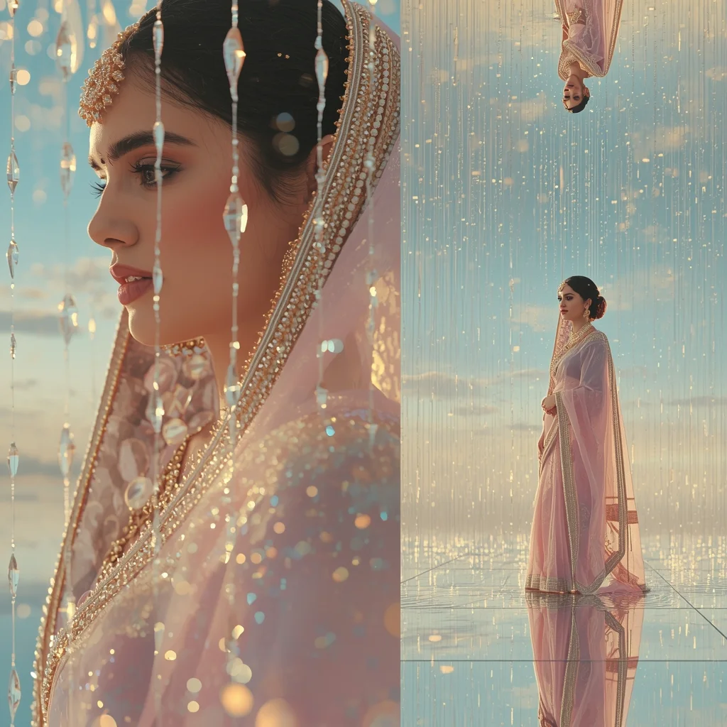 Festive Pastel Saree Mirror Island Crystal Rain Collage | Sky Reflection Prompt | Saree Prompt For Women