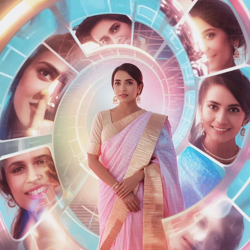 Festive Pastel Saree Neon Light Grid Spiral Motion Collage | Traditional Saree Prompt For Chatgpt