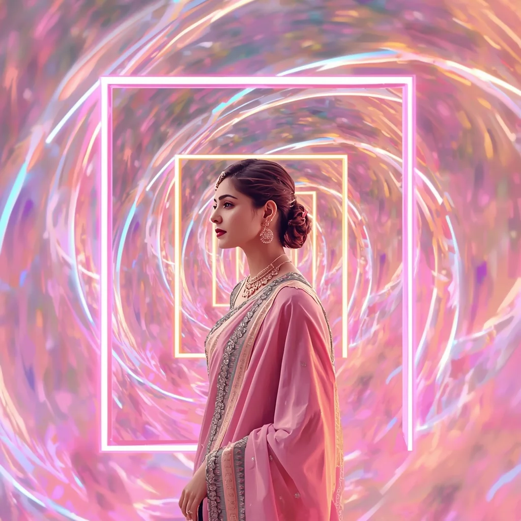 Festive Pastel Saree Neon Pulse Frame Fractal Orbit Collage Modern Cinematic | Gemini Saree Prompt Text
