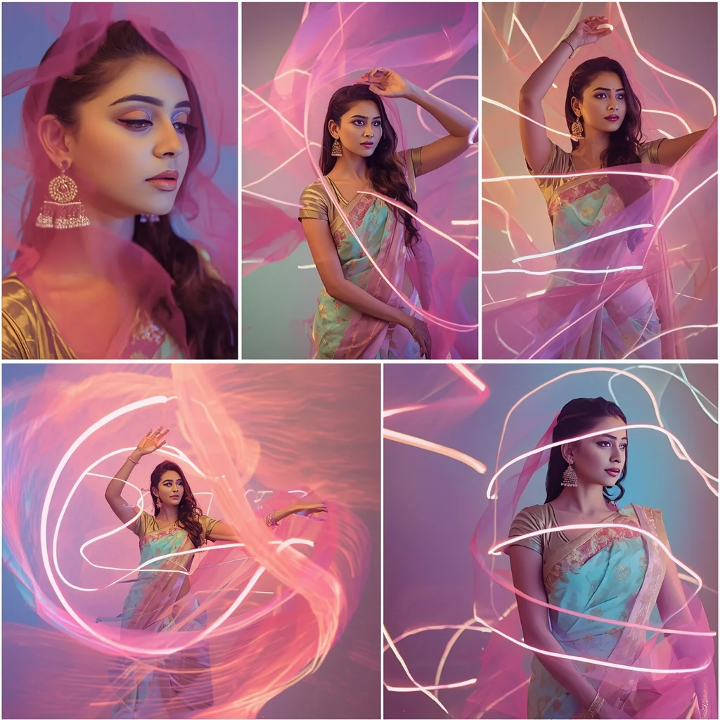 Festive Pastel Saree Neon Ribbon Wave Fusion Collage | Prompt For Gemini Ai Girl