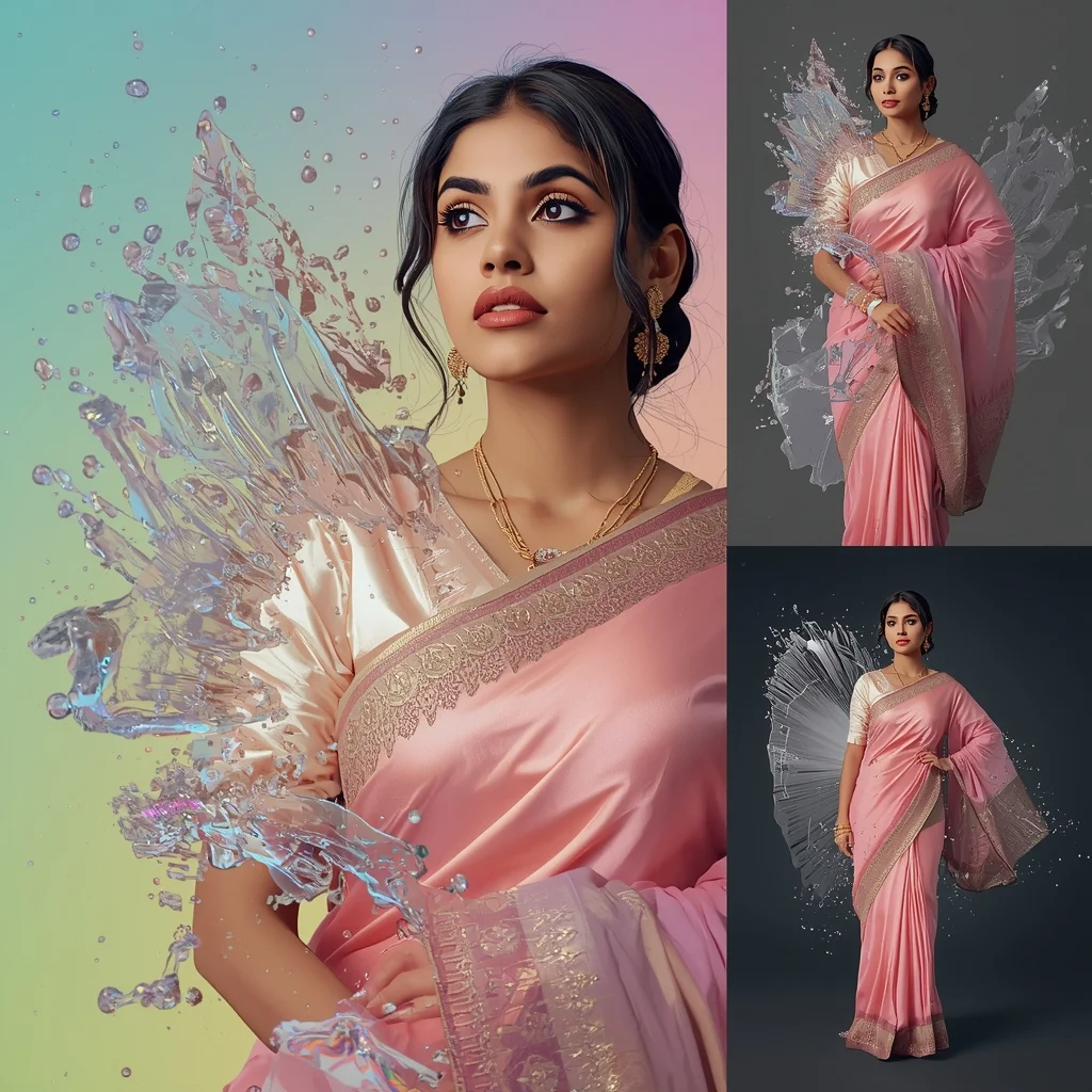 Festive Pastel Saree Non-Newtonian Liquid Armor Collage Modern Cinematic | Prompt For Gemini Saree