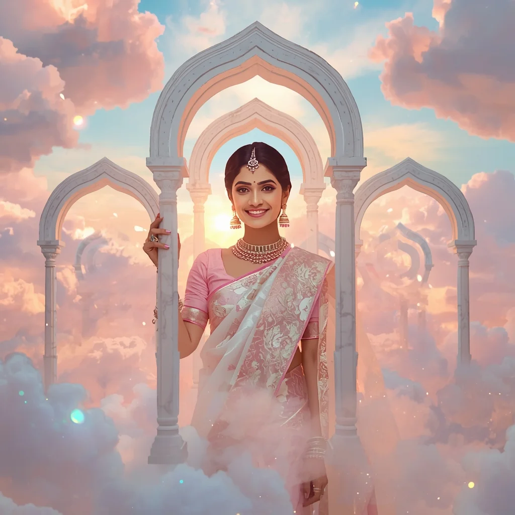 Festive Pastel Saree Opalescent Cloud-City Archway Collage Premium Cinematic | Saree Trending Ai Prompt