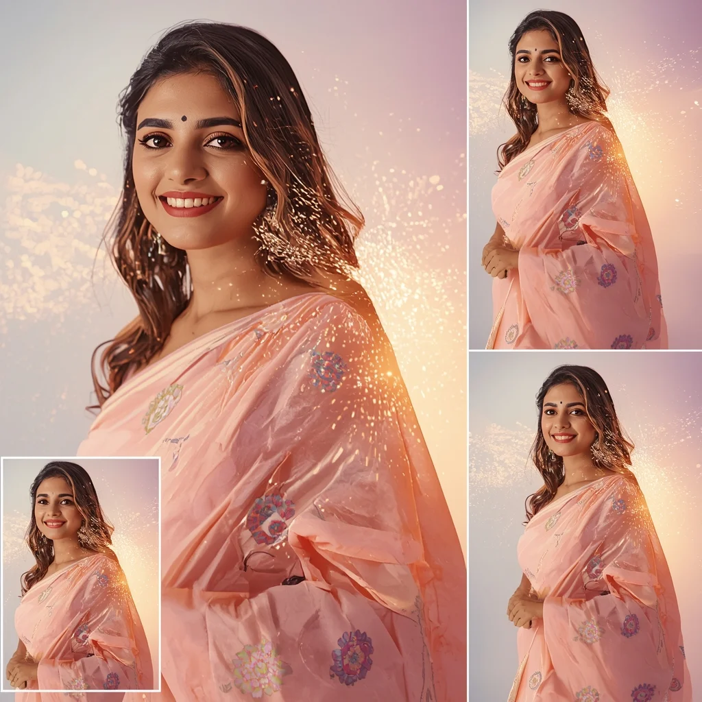 Festive Pastel Saree Particle Trail Collage | Indian Girl Light Motion Aesthetic Soft Cinematic Viral Prompt | Cinematic Saree Ai Prompt