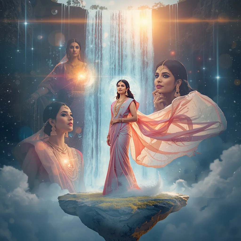 Festive Pastel Saree Phoenix Crystal Waterfall Portal Collage | Mythical Legendary Prompt | Ai Portrait Prompt