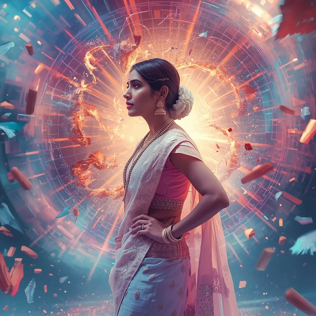 Festive Pastel Saree Quantum Magnetic Grid Tornado Collage | Hyper Futuristic Prompt | Saree Prompt For Gemini Ai