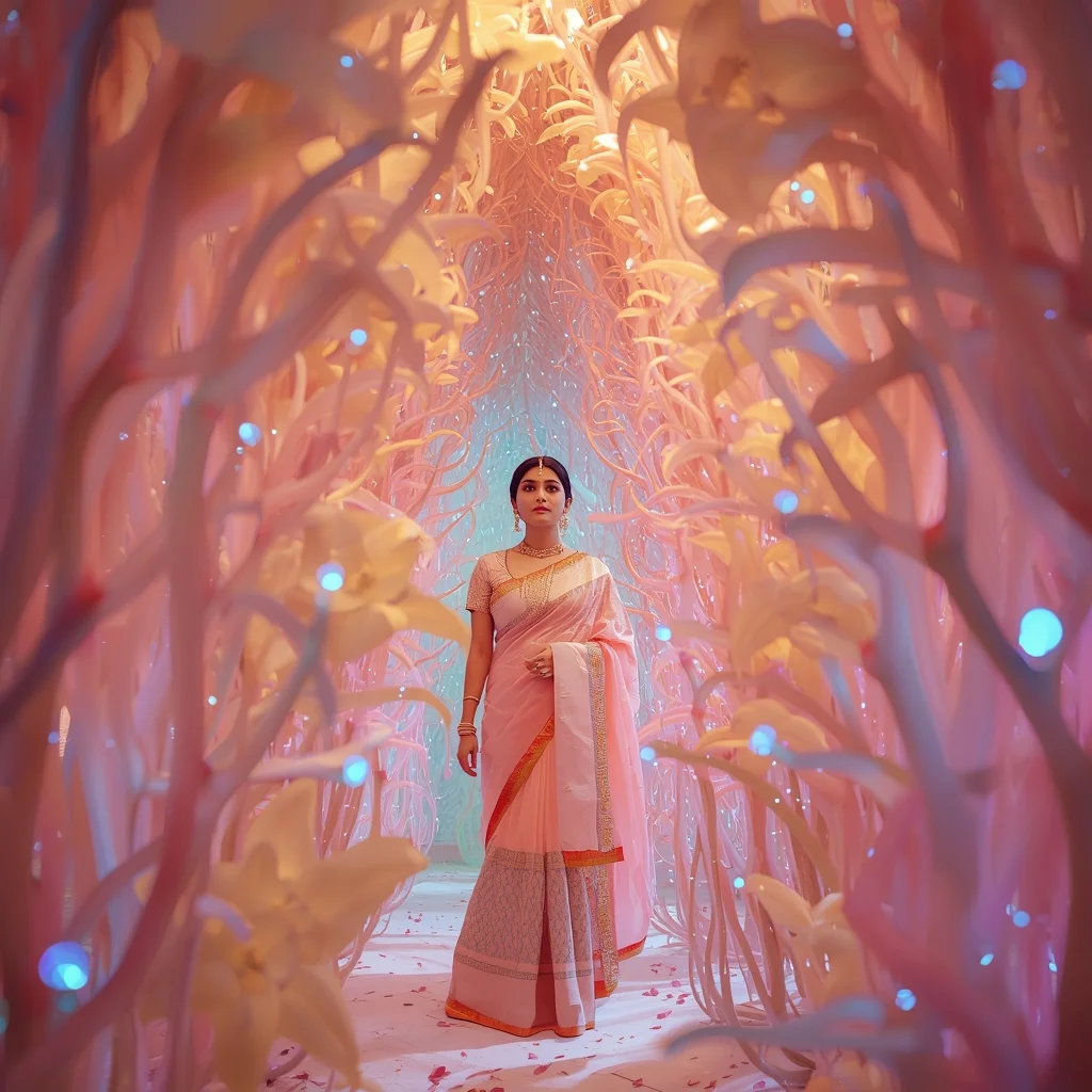 Festive Pastel Saree Radioactive Floral Spore Canopy Collage Luxury Cinematic | Bridal Saree Ai Prompt For Instagram Reel