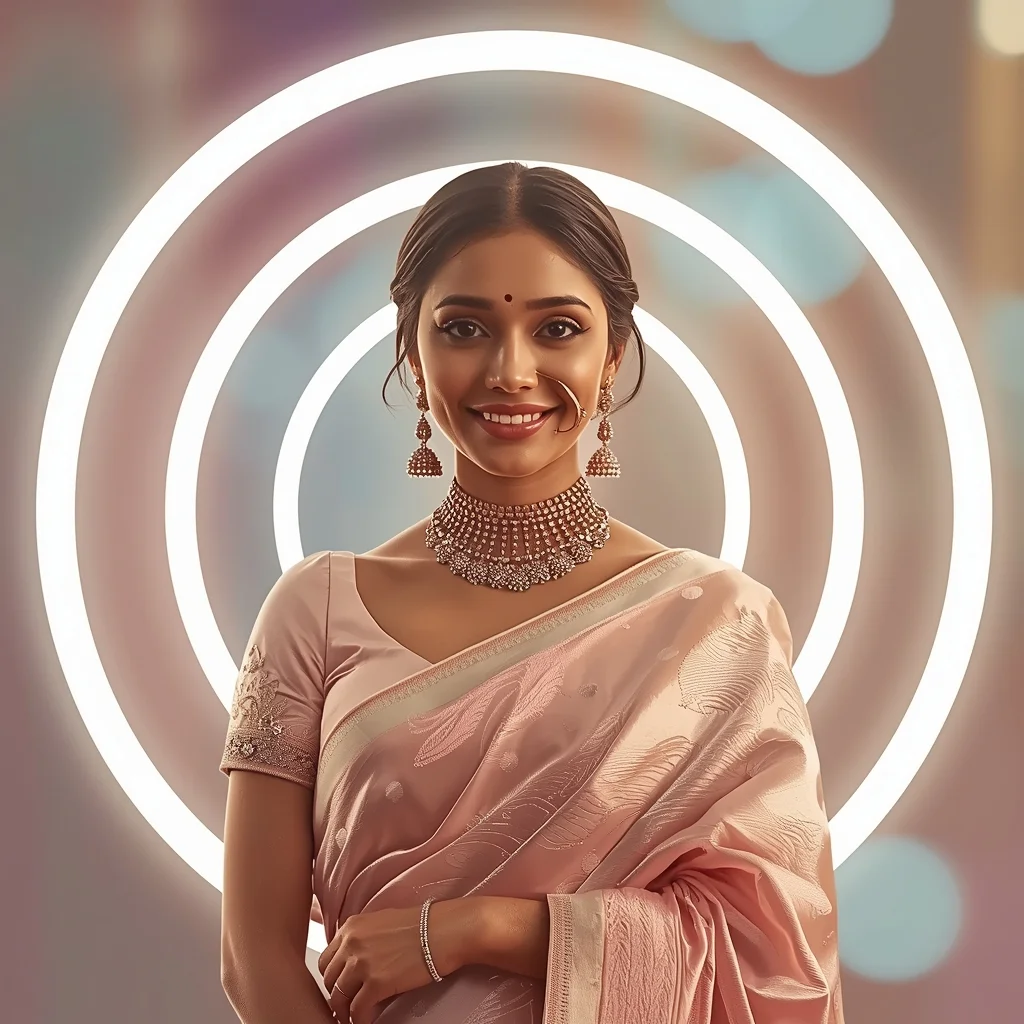 Festive Pastel Saree Reflective Orbital Light Halo Rings Collage Luxury Cinematic | Prompt Gemini Saree