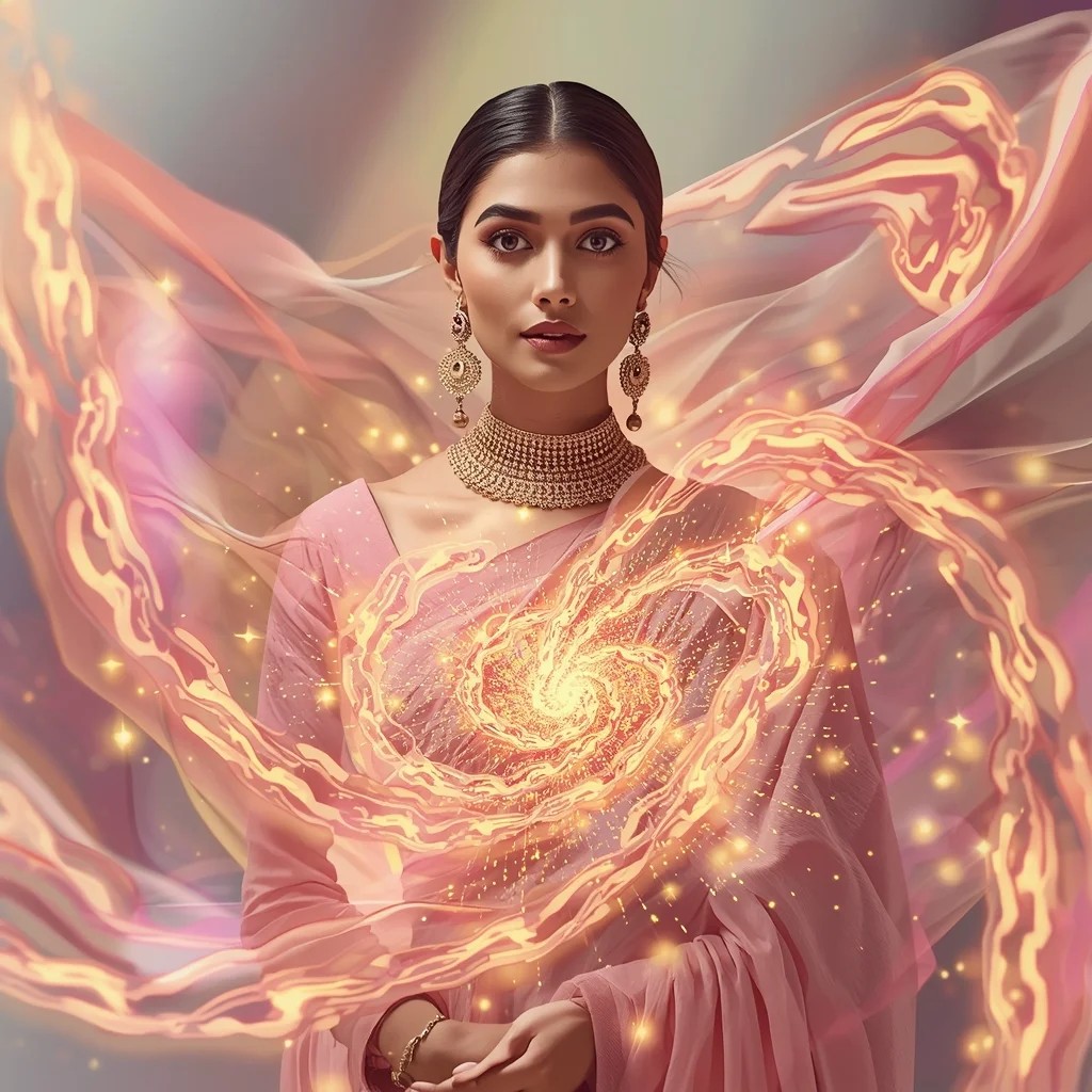 Festive Pastel Saree Ripple Vortex Magnetic Core Collage | Glow Motion Prompt | Gemini Saree Prompt For Woman
