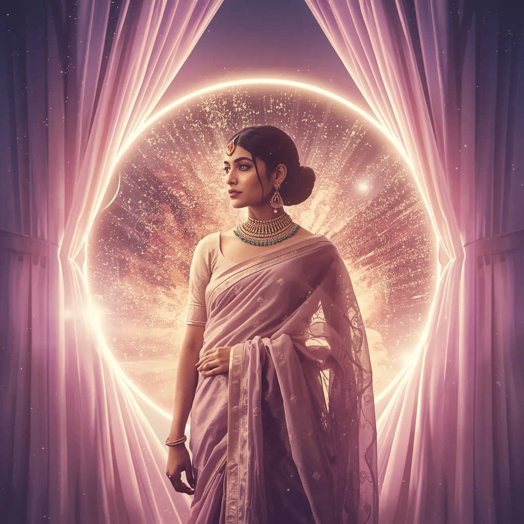 Festive Pastel Saree Royal Grand Magnetic Curtain Cosmic Burst Collage | Epic Dramatic Prompt | Saree Pose Ai Prompt For Image Generation