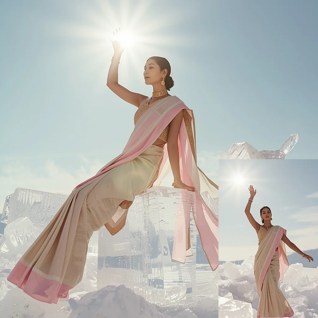 Festive Pastel Saree Sunlit Ice Crystal Prism | Gemini Saree Prompt