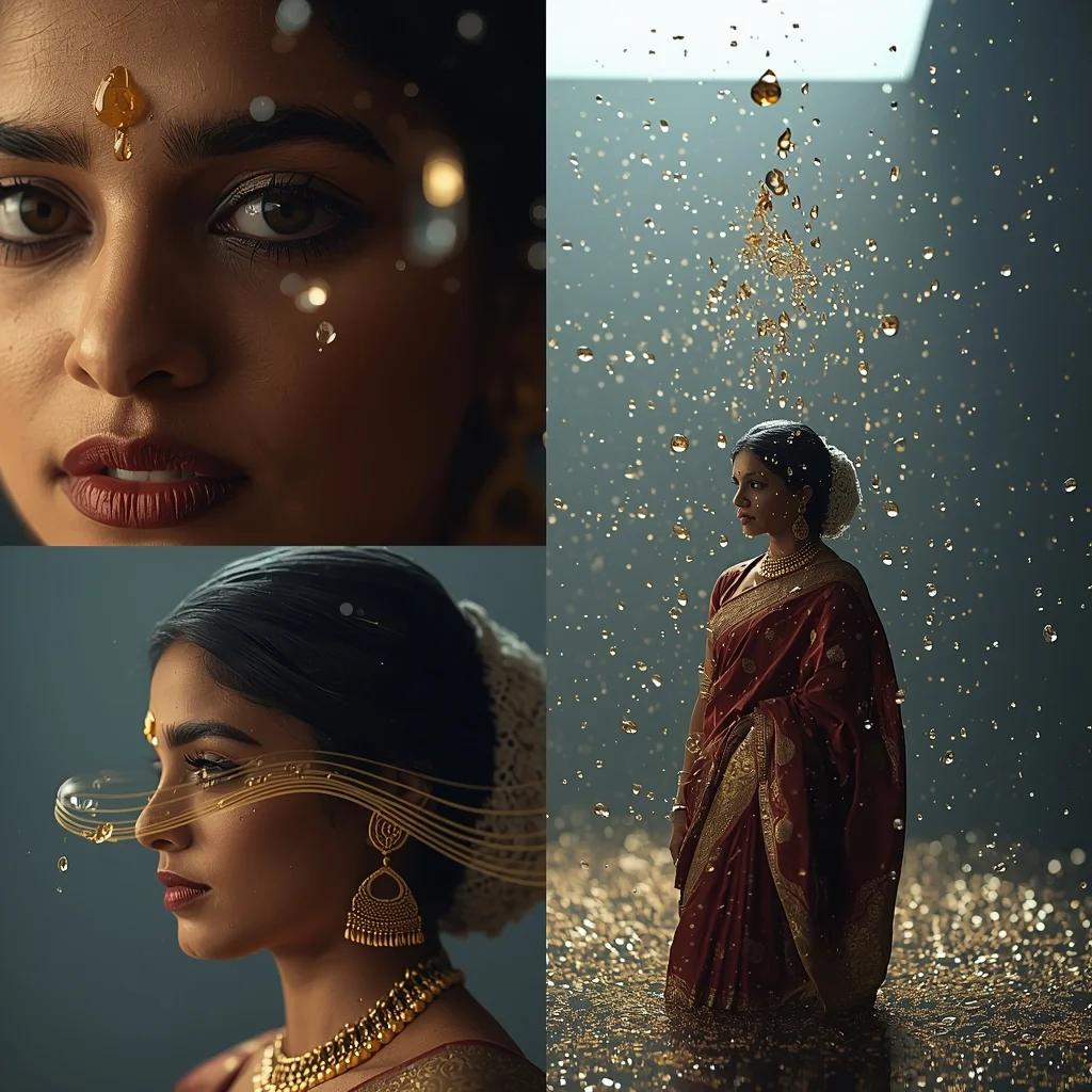 Festive Saree Acoustic Levitation Droplet Collage | Soundwave Gravity Cinematic Prompt | Prompt For Traditional Look For Girl In English