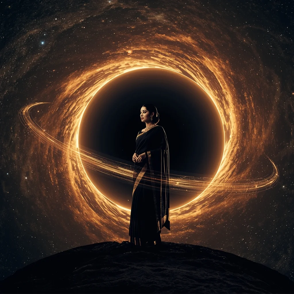 Festive Saree Black Hole Gravitational Lensing Collage | Event Horizon Cinematic Prompt | Cute Prompt For Girls In Saree For Instagram