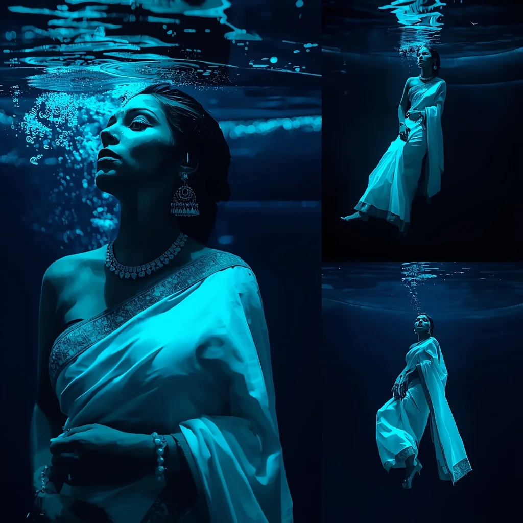 Festive Saree Cherenkov Radiation Blue Glow Collage | Nuclear Underwater Cinematic Prompt | Red Saree Prompt For Chatgpt