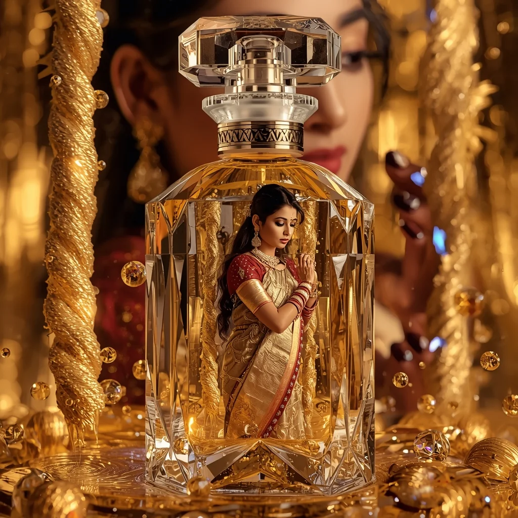 Festive Saree Crystal Perfume Bottle Dimension Collage | Glass Trap Prompt | Desi Saree Ai Prompt