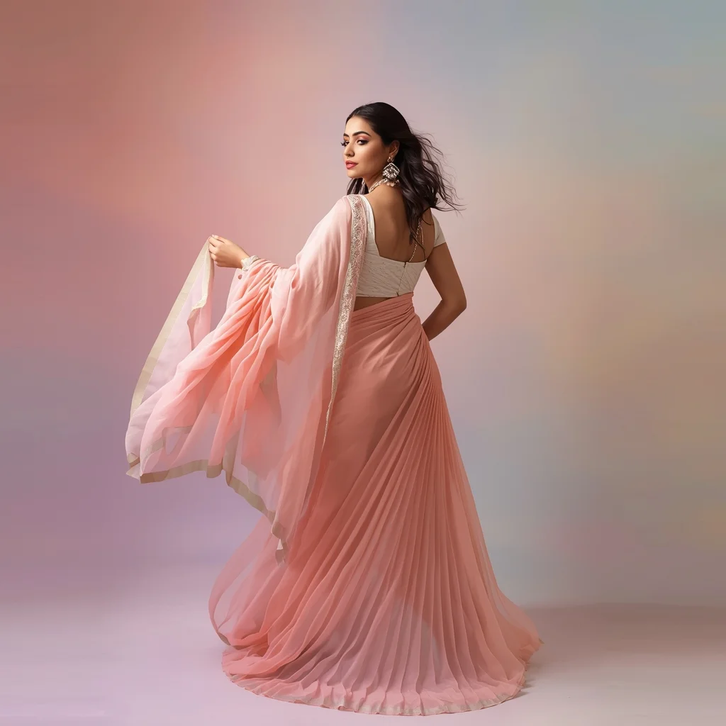 Festive Saree Girl Soft Reverse Arc Walk Dupatta Flow Pose | Stable Diffusion Prompt