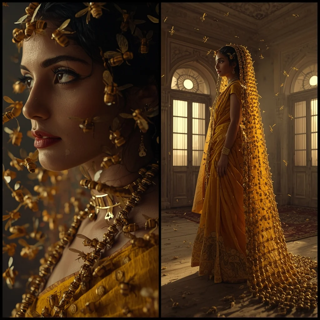 Festive Saree Living Golden Bee Swarm Veil Collage | Hive-Queen Avant-Garde Cinematic Prompt | Prompt For Traditional Look For Girl In English