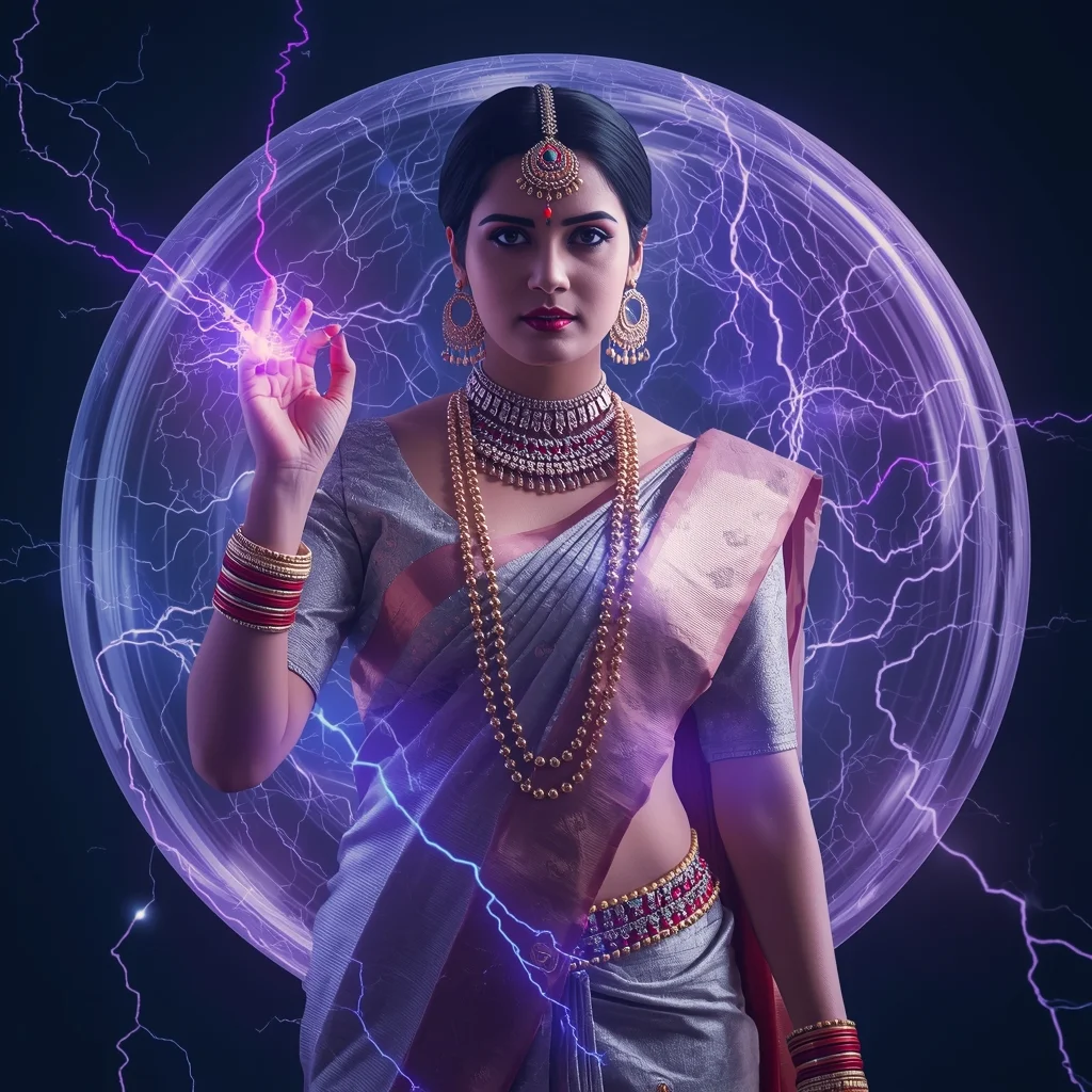 Festive Saree Plasma Globe Tesla Coil Tendril Collage | High-Voltage Cyber Cinematic Prompt | Traditional Saree Prompt Pdf