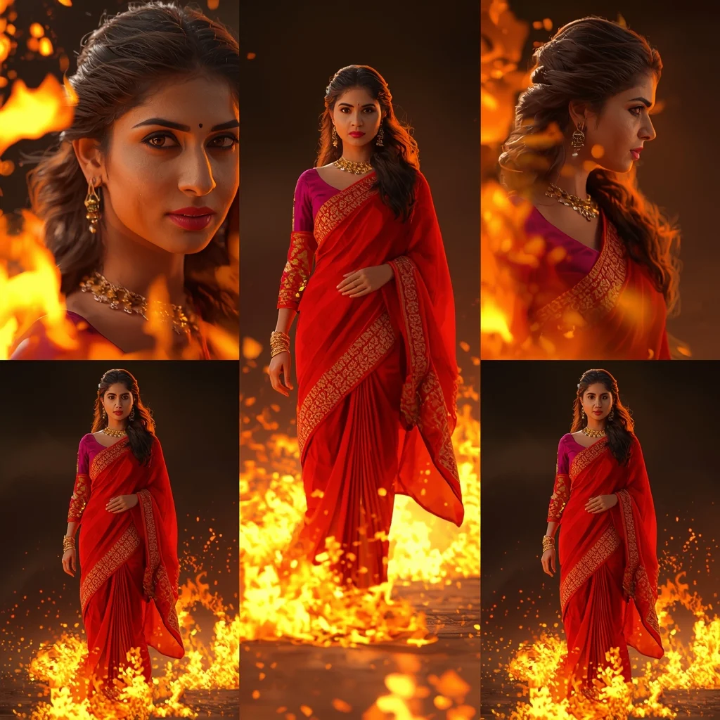 Fire Storm Saree Cinematic Collage Epic Flames VFX Fashion Scene | Saree Prompt For Gemini Ai
