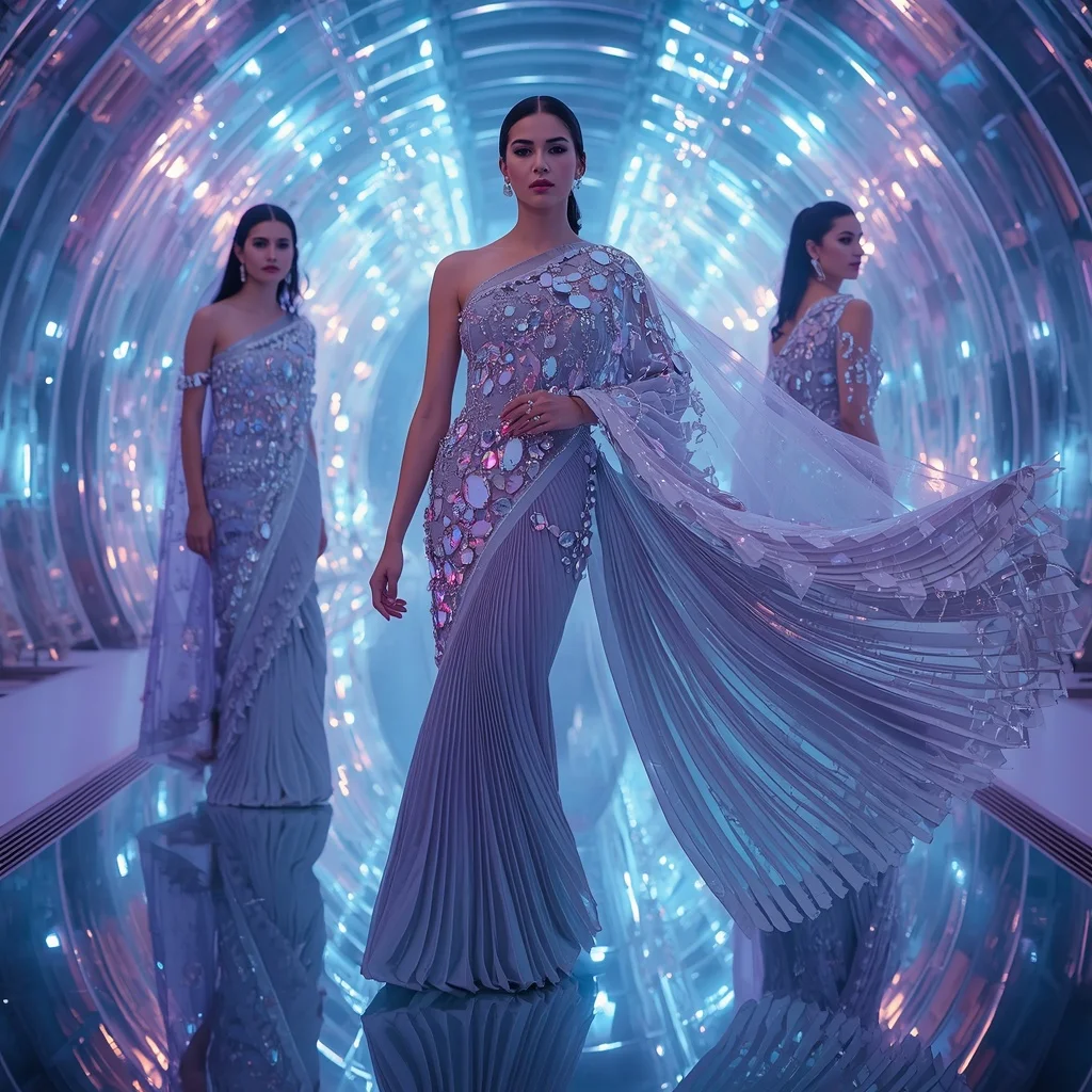Frozen Crystal Aurora Saree with Floating Laser Kingdom | Traditional Saree Ai Prompt