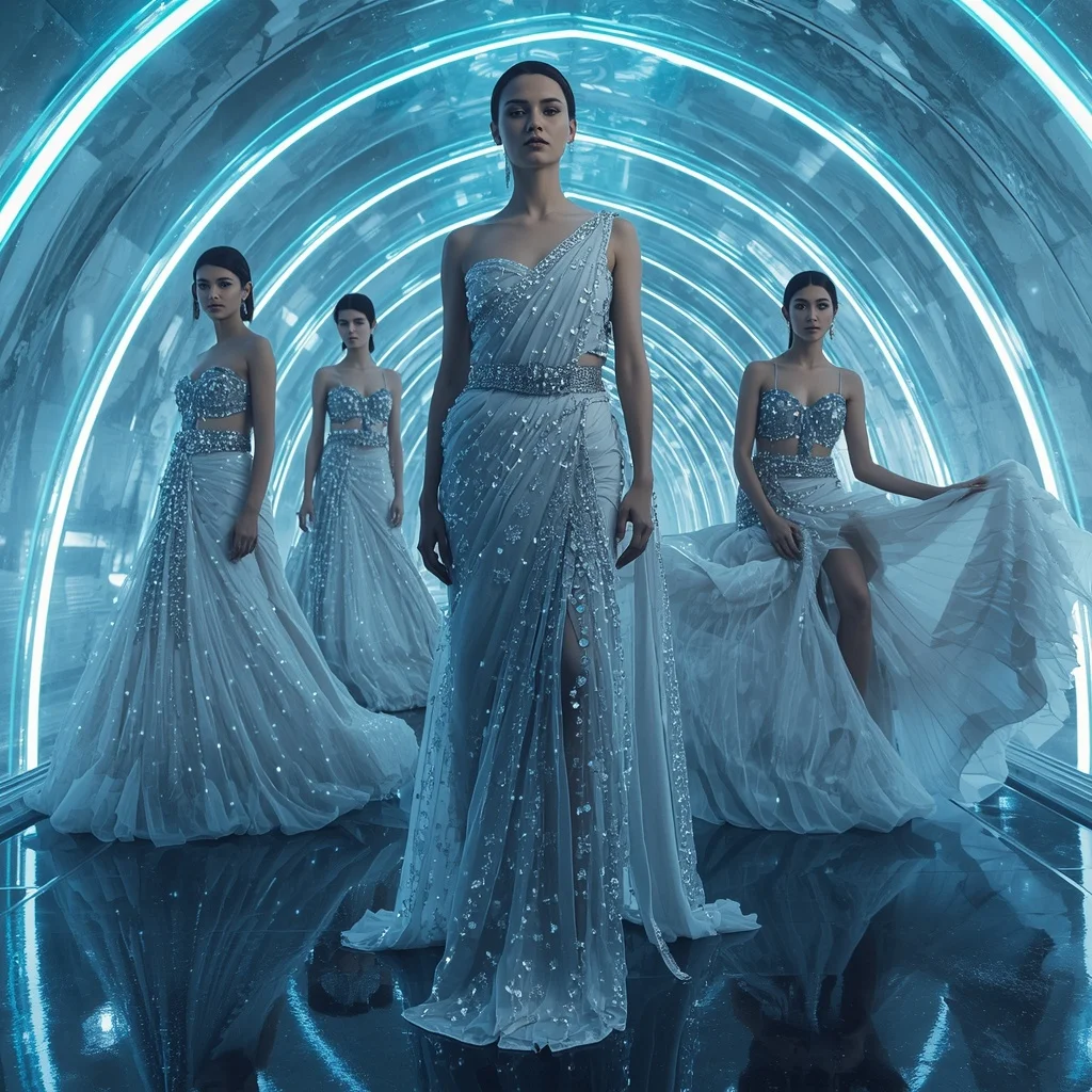 Frozen Diamond Royale Saree with Neon Ice Chamber | Indian Girl Ai Prompt