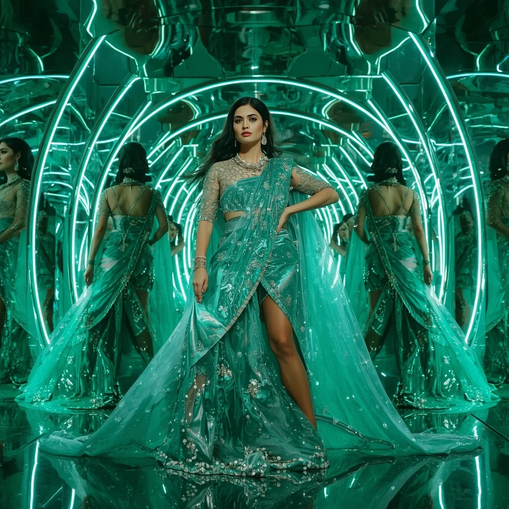 Frozen Emerald Galaxy Saree with Multi Motion Fashion Frames and Aurora Prism Hall | Saree Trending Ai Prompt