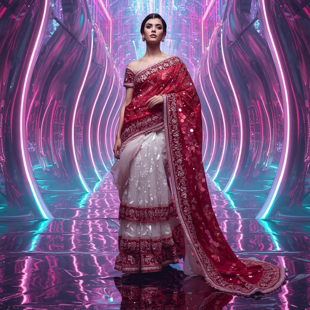 Frozen Ruby Mirage Saree with Floating Laser Temple | Cute Girl Ai Prompt