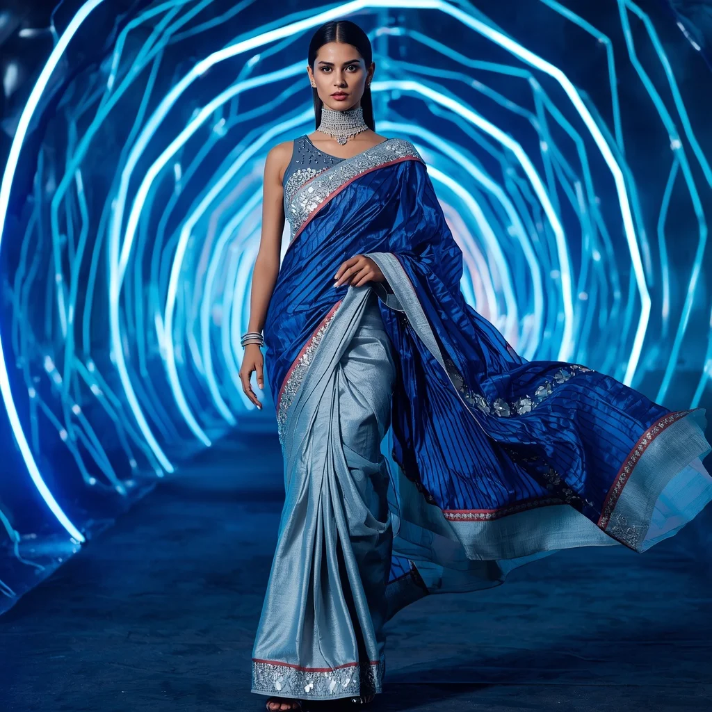 Frozen Sapphire Luxe Saree with Infinity Wave Tunnel | Beautiful Woman Ai Prompt