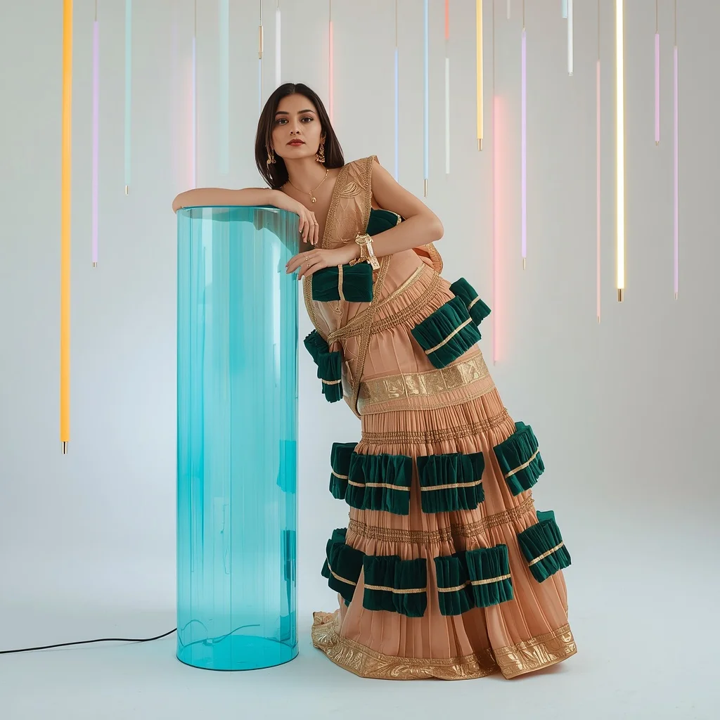 Fully Encrusted Thick Velvet Block & Heavy Gold Zardozi Pastel Peach Saree | Clear Cylinder Prop Lean Pose | Instagram Photography Ai Prompt