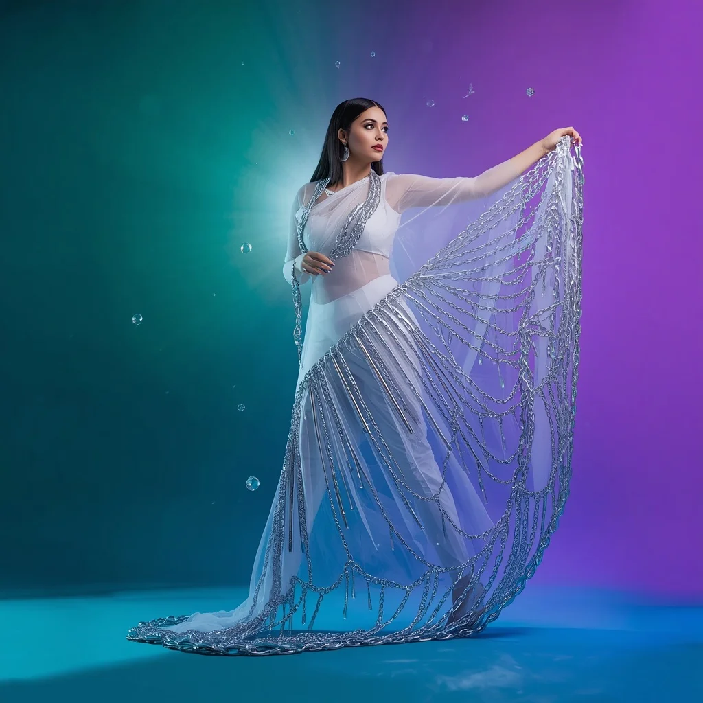 Fusion Festival Fancy Saree Design: Pearl White Net with Heavy 3D Liquid Silver Dripping Chains | Ai Gemini Saree Prompt