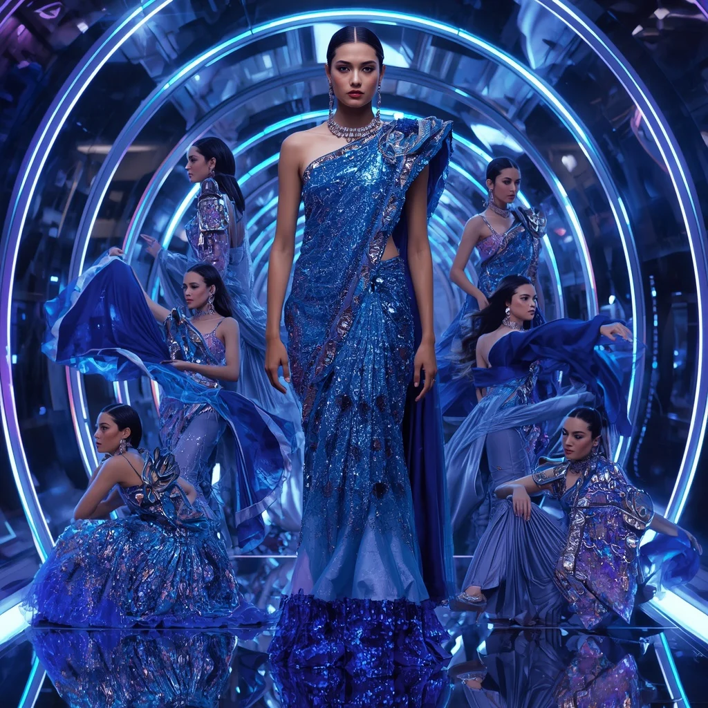 Galaxy Prism Empress Saree with Ten Fashion Poses and Futuristic Hologram Corridor | Saree Photoshoot Ai Prompt