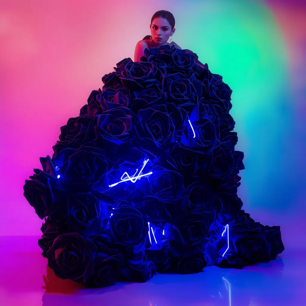 Giant 3D Sculpted Velvet Rose Drape Saree with Neon Fiber Optic Glow | Saree Pose Ai Prompt For Image Generation