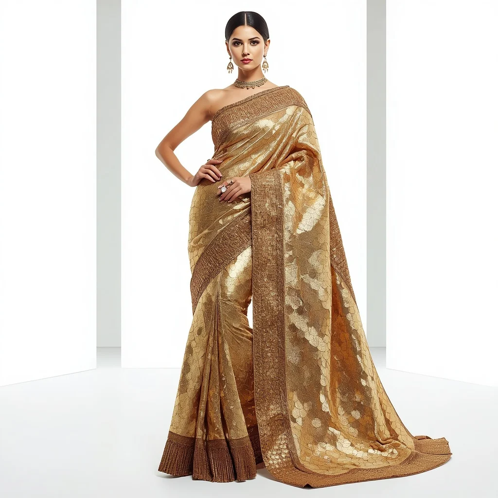 Giant Gold Sequin and Fringe Saree in Bright Studio | Motivation Ai Prompt