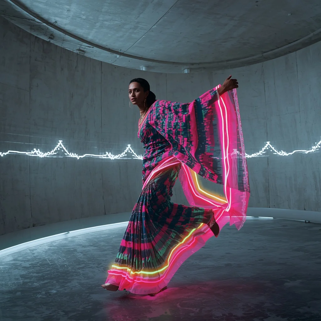 Glitch Art Saree with Static Light Wave Wall | Saree Reel Ai Prompt